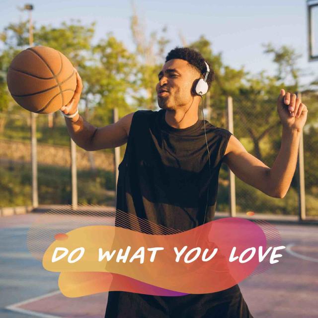 Male teenager dancing on a basketball court with headphones on, holding a basketball. Text reads 'do what you love'