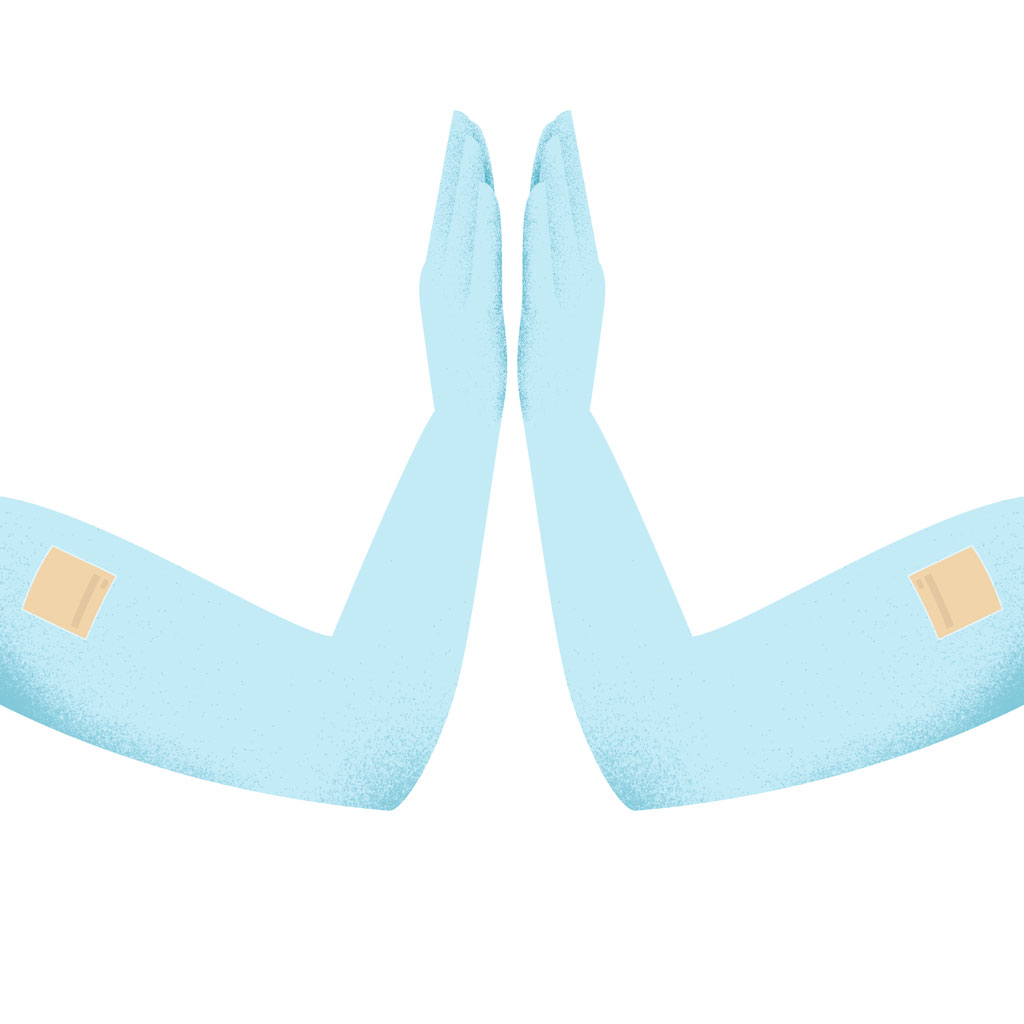 Illustration of two arms with nicotine patches giving high fives.