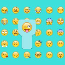 Various emojis on a teal background. The winking emoji is being highlighted. 