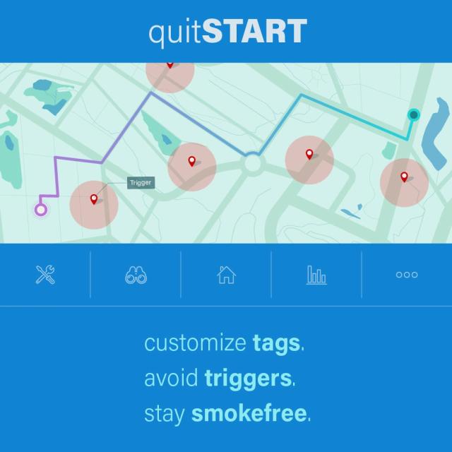 An image showing a map with wide blue header and footer with pins in it labeled "triggers".  The image is titled "quitSTART" and below it says "customize tags, avoid triggers, stay smokefree"